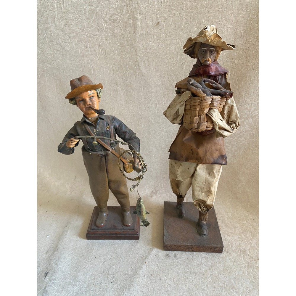 Vintage Handmade Fisherman & Fishmonger Figurines Set Brown Rustic Folk Art Good